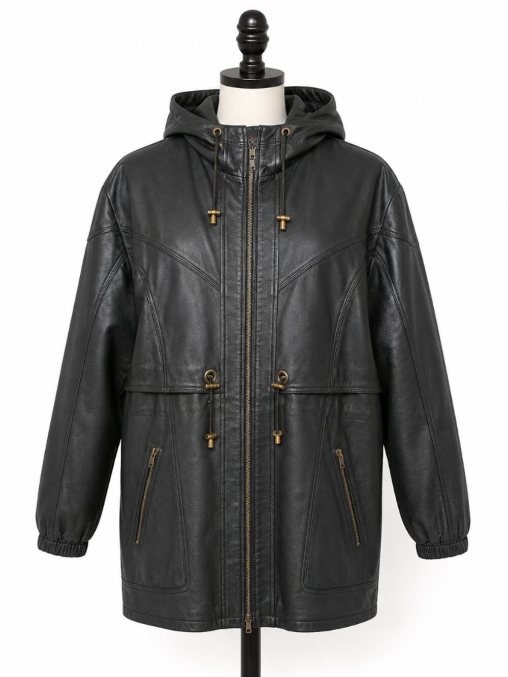 Vintage G-III Genuine Leather Hooded Parka Coat Black Women’s Small 90s